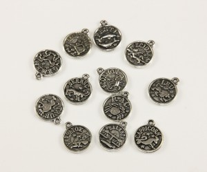 Charmuri, metal argintiu antichiz cele 12 zodii, 15 mm, 12 buc